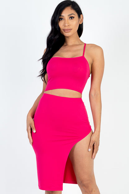 [$3/piece] Sexy Solid Color Crisscross Back Cami Crop Top & Split Thigh Midi Skirt Set