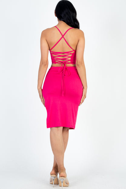 [$3/piece] Sexy Solid Color Crisscross Back Cami Crop Top & Split Thigh Midi Skirt Set