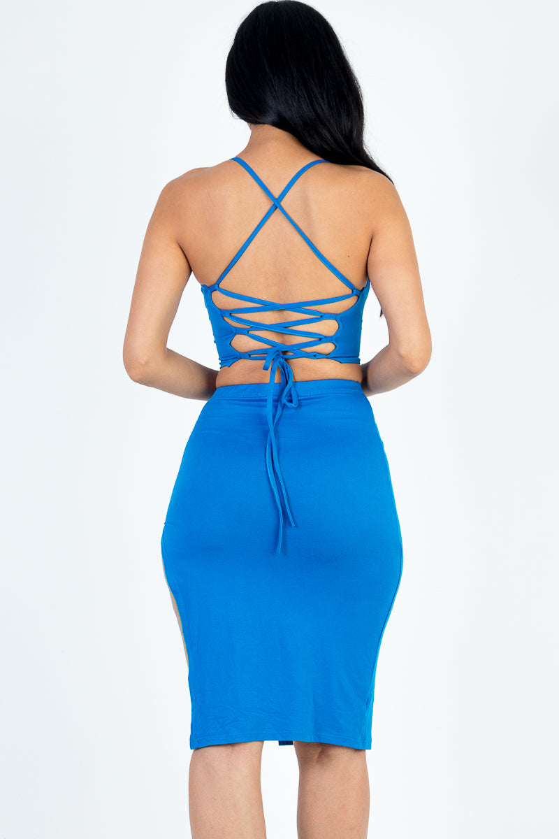 [$3/piece] Sexy Solid Color Crisscross Back Cami Crop Top & Split Thigh Midi Skirt Set