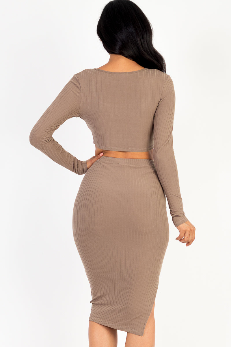 [$4/piece] Ribbed Long Sleeve Crop Top & Skirt Set