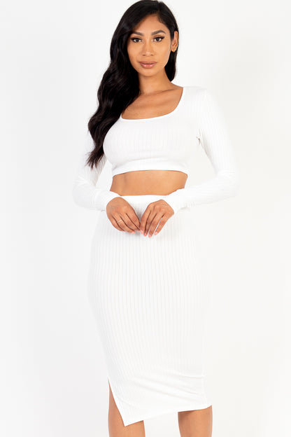 [$4/piece] Ribbed Long Sleeve Crop Top & Skirt Set