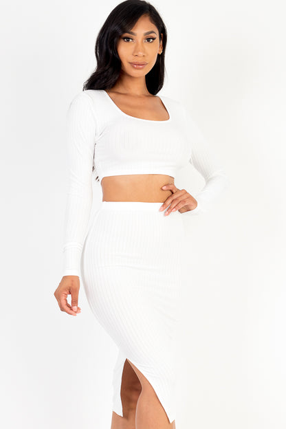 [$4/piece] Ribbed Long Sleeve Crop Top & Skirt Set