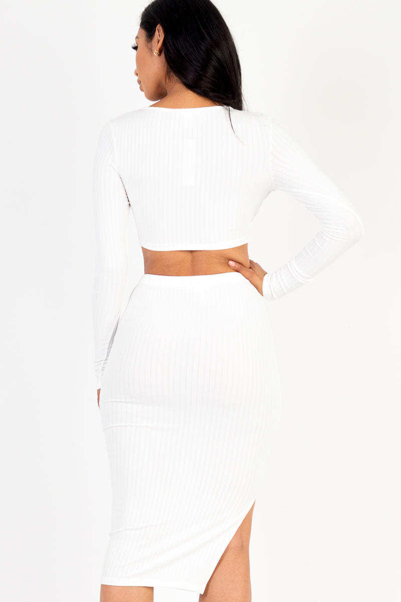 [$4/piece] Ribbed Long Sleeve Crop Top & Skirt Set