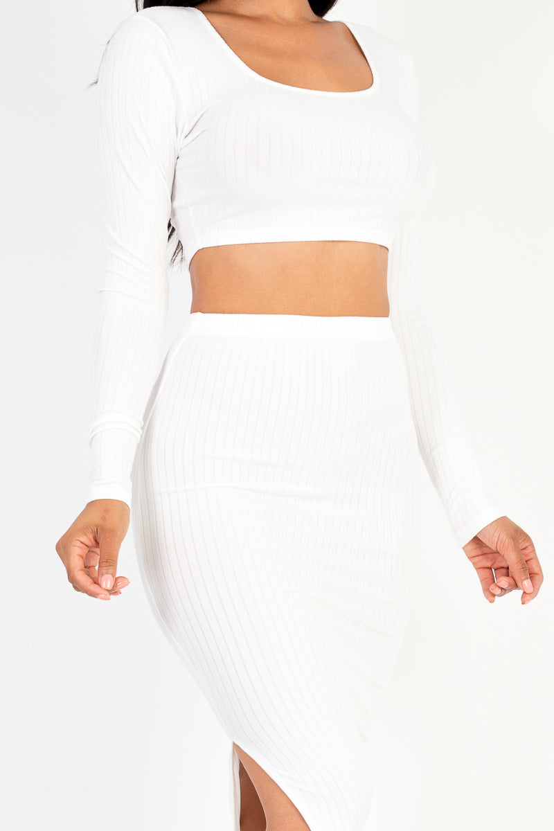 [$4/piece] Ribbed Long Sleeve Crop Top & Skirt Set