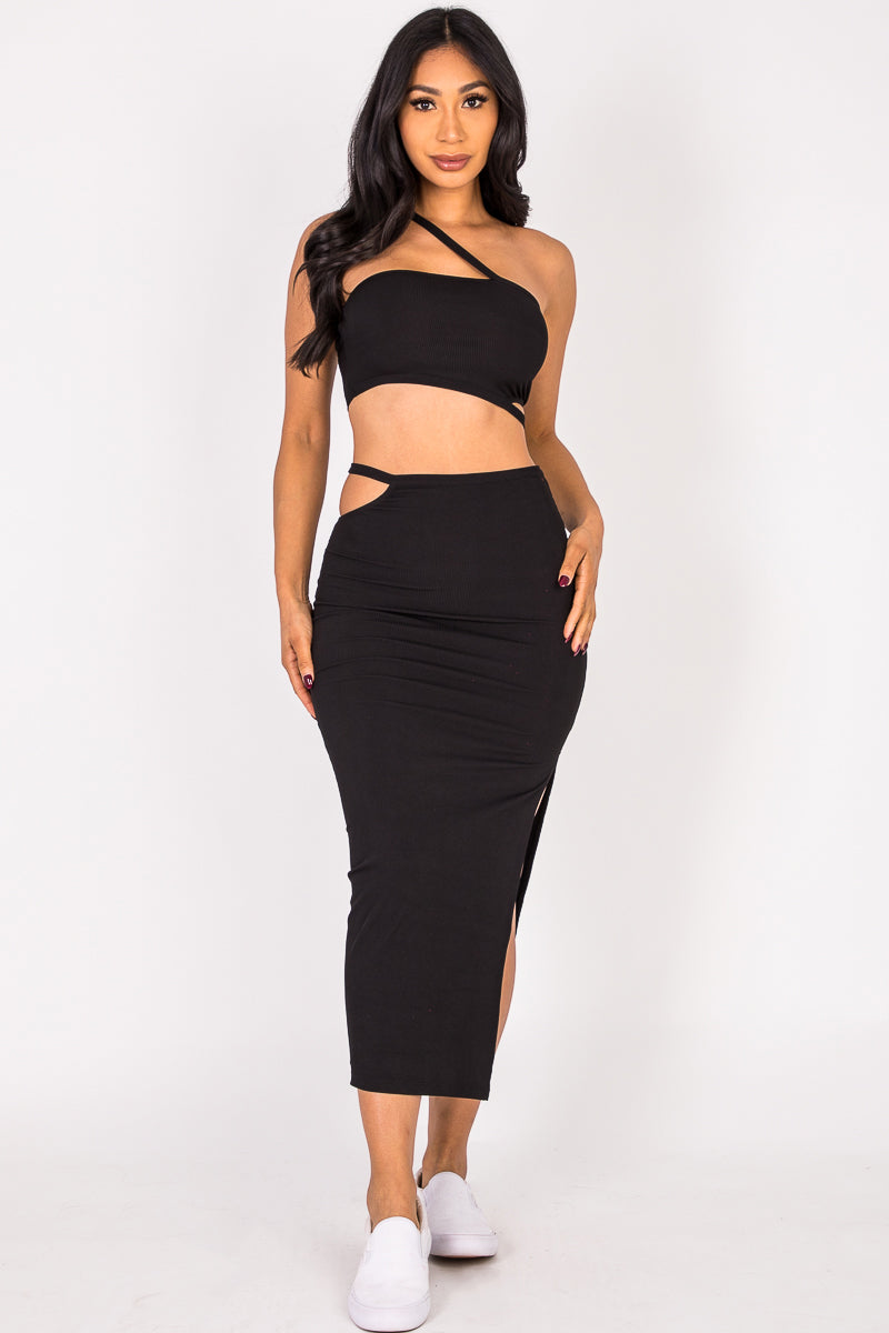 [$3/piece] Cross Strap Cutout Top & Side Slit Midi Skirt Set