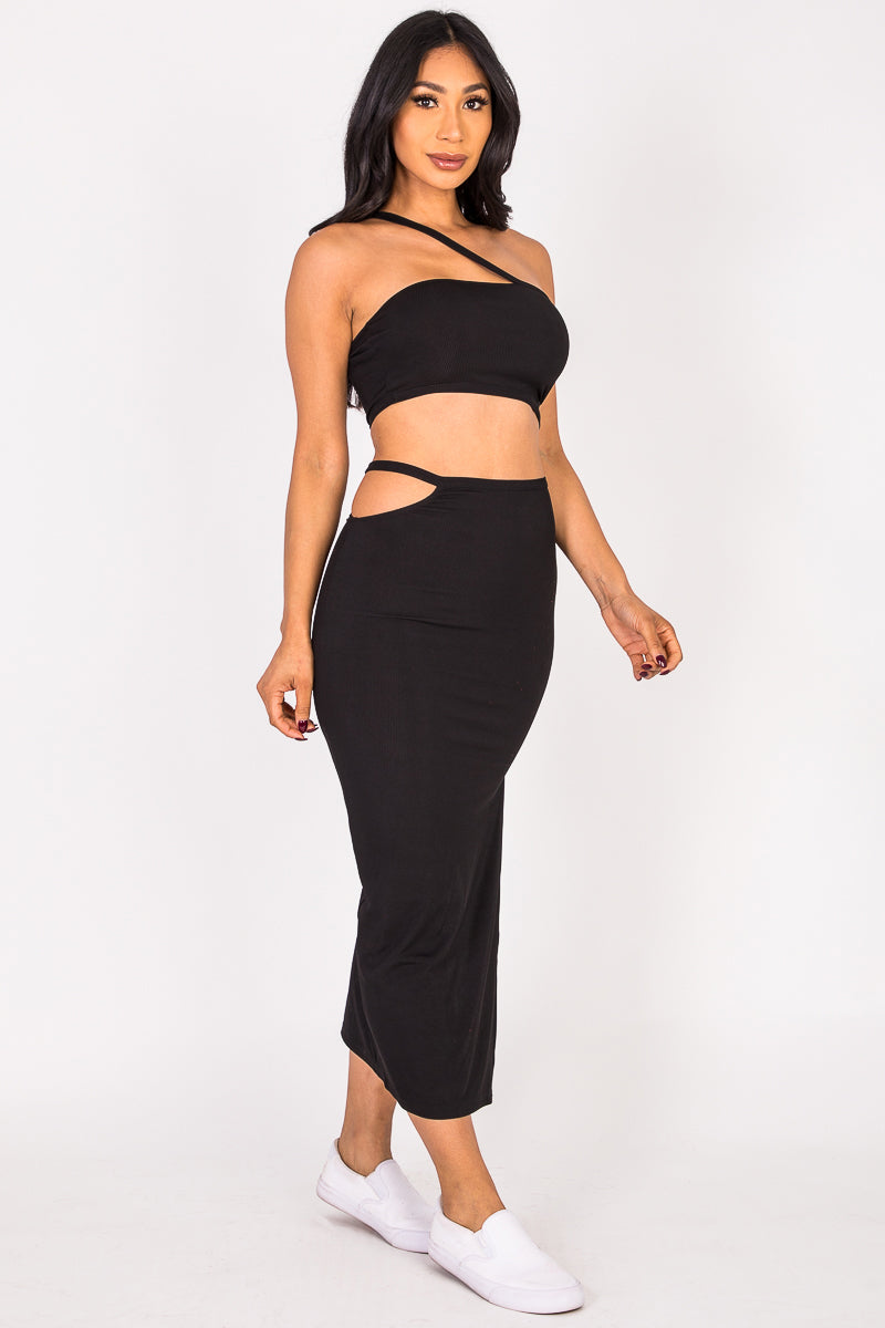 3/piece] Cross Strap Cutout Top & Side Slit Midi Skirt Set