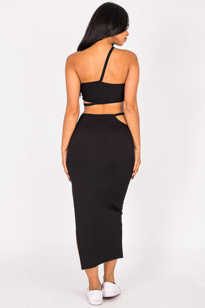 [$3/piece] Cross Strap Cutout Top & Side Slit Midi Skirt Set