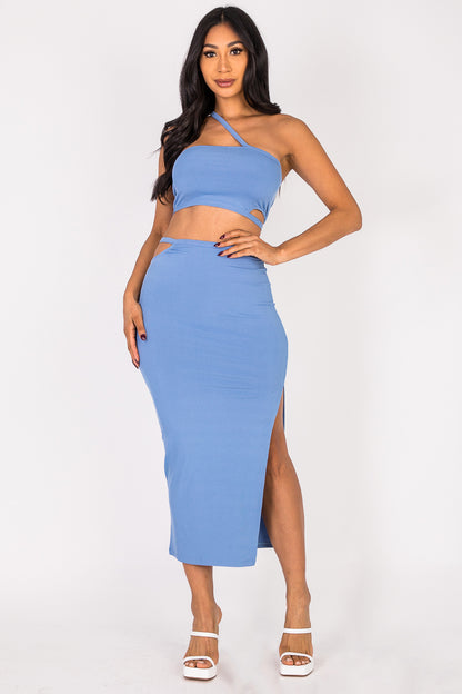 [$3/piece] Cross Strap Cutout Top & Side Slit Midi Skirt Set