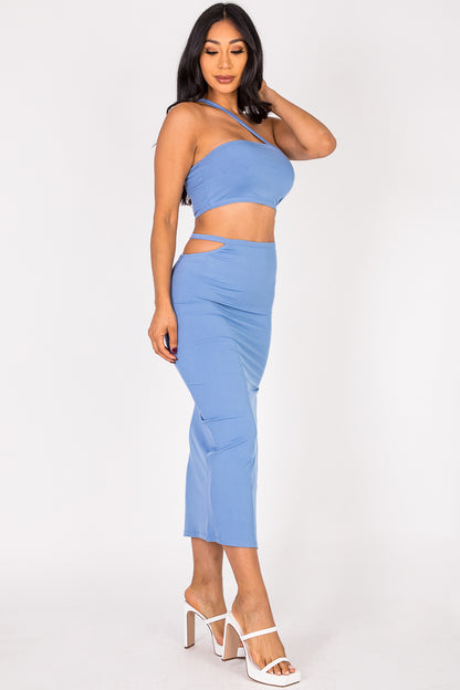 [$3/piece] Cross Strap Cutout Top & Side Slit Midi Skirt Set