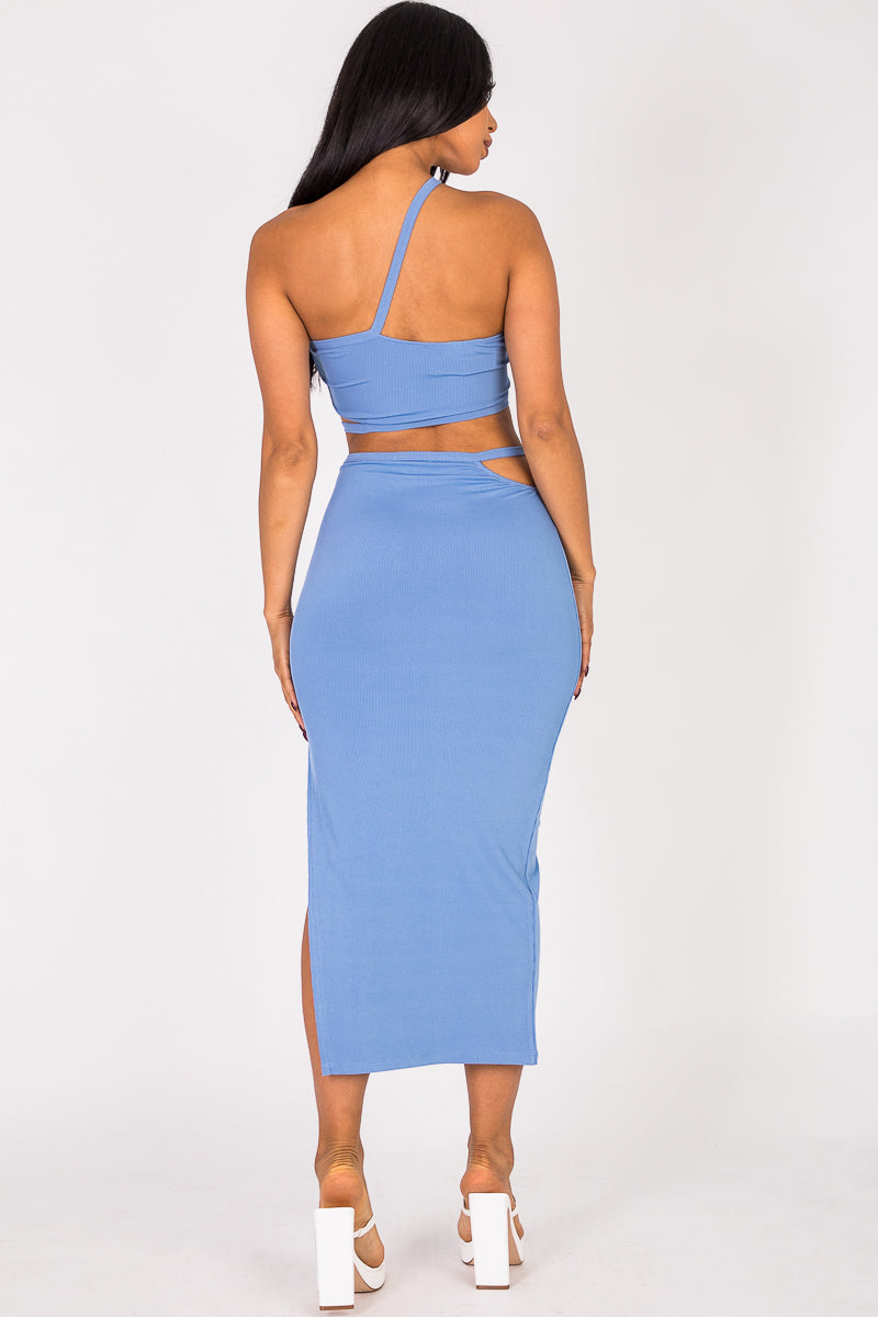 [$3/piece] Cross Strap Cutout Top & Side Slit Midi Skirt Set