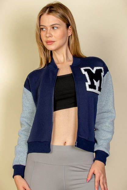 [$5/piece] Letter Patched Striped Trim Varsity Jacket