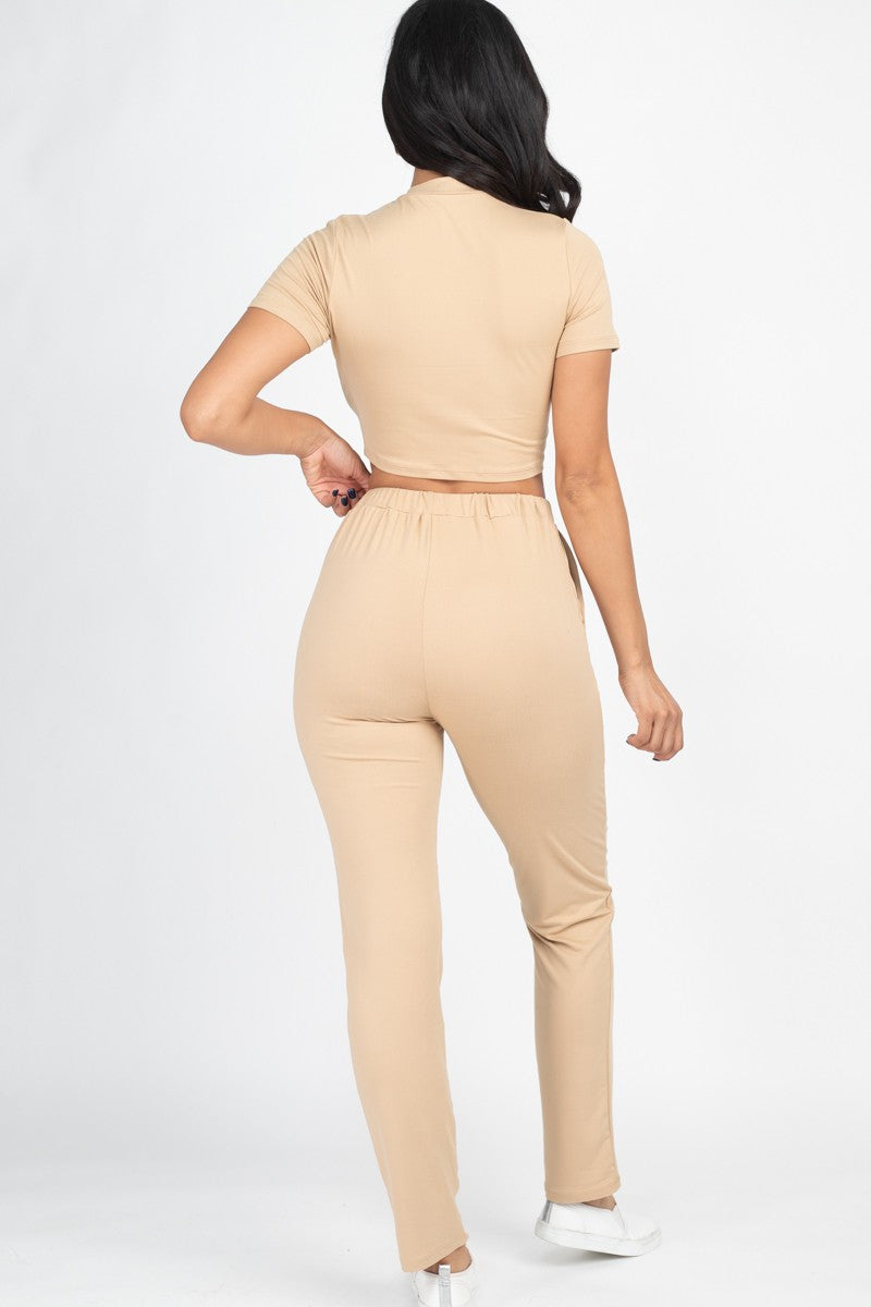 [$5/piece] Mock Neck Short Sleeve Crop Top & Pants Set