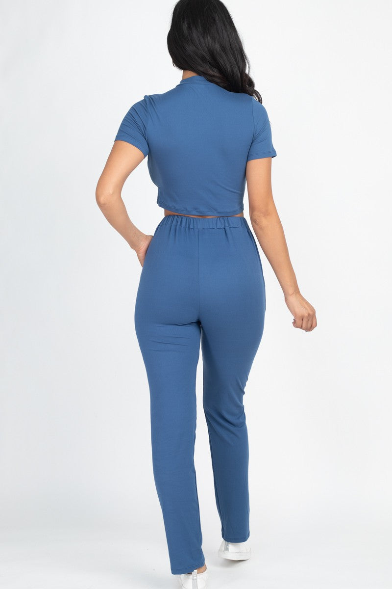 [$5/piece] Mock Neck Short Sleeve Crop Top & Pants Set
