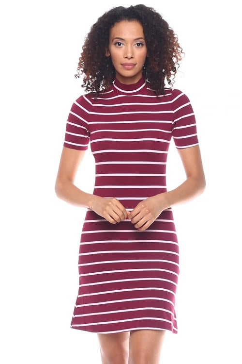 [$2/piece] Striped Mock Neck Fit & Flare Dress