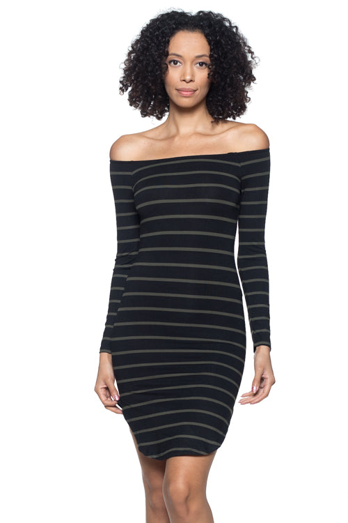 [$2/piece] Stripe Print Curved Hem Off Shoulder Dress
