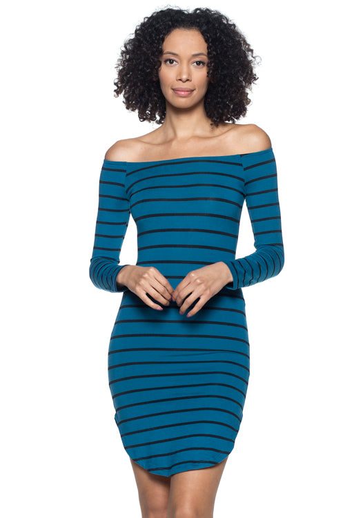 [$2/piece] Stripe Print Curved Hem Off Shoulder Dress