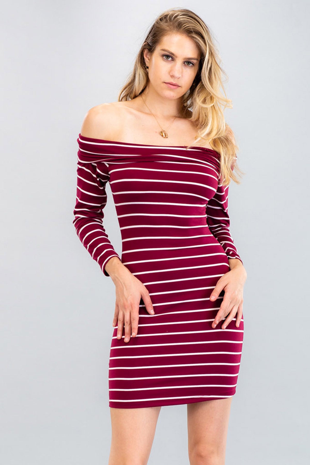 [$3/piece] Striped Off Shoulder Bodycon Dress