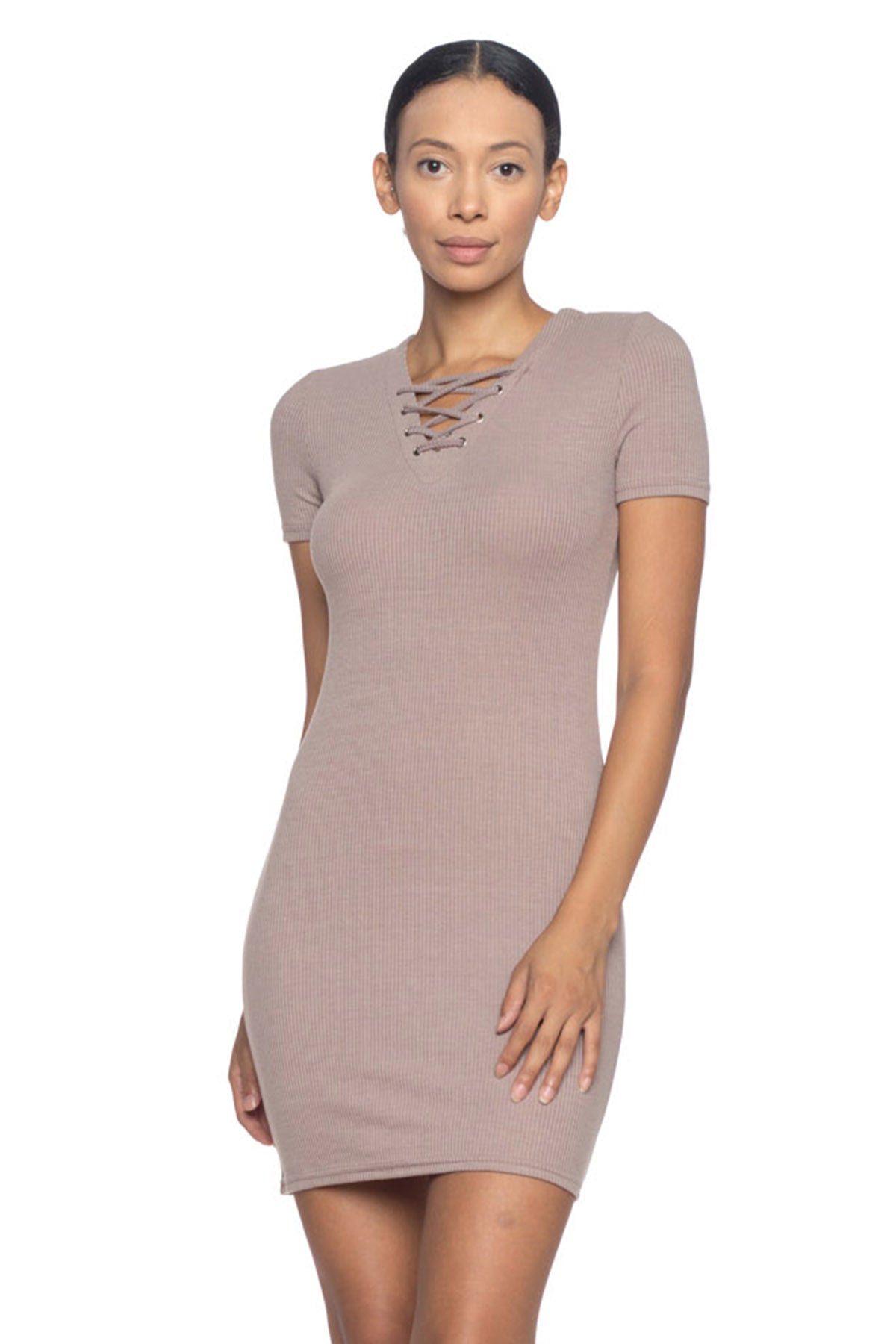 [$2/piece] Ribbed Lace-up Short Sleeve Bodycon Mini Dress