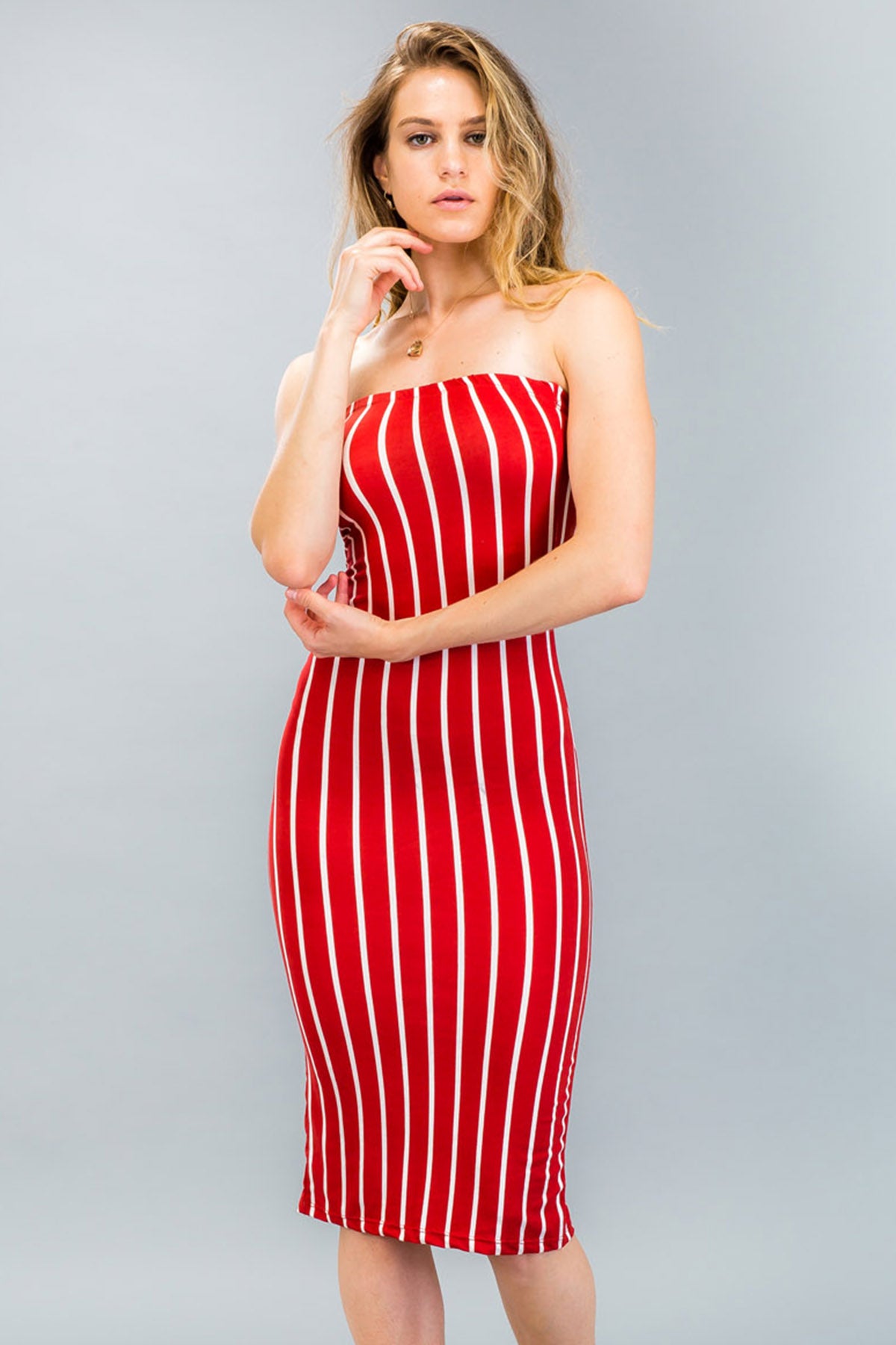 [$2/piece] Striped Back Cut-out Tube Midi Dress