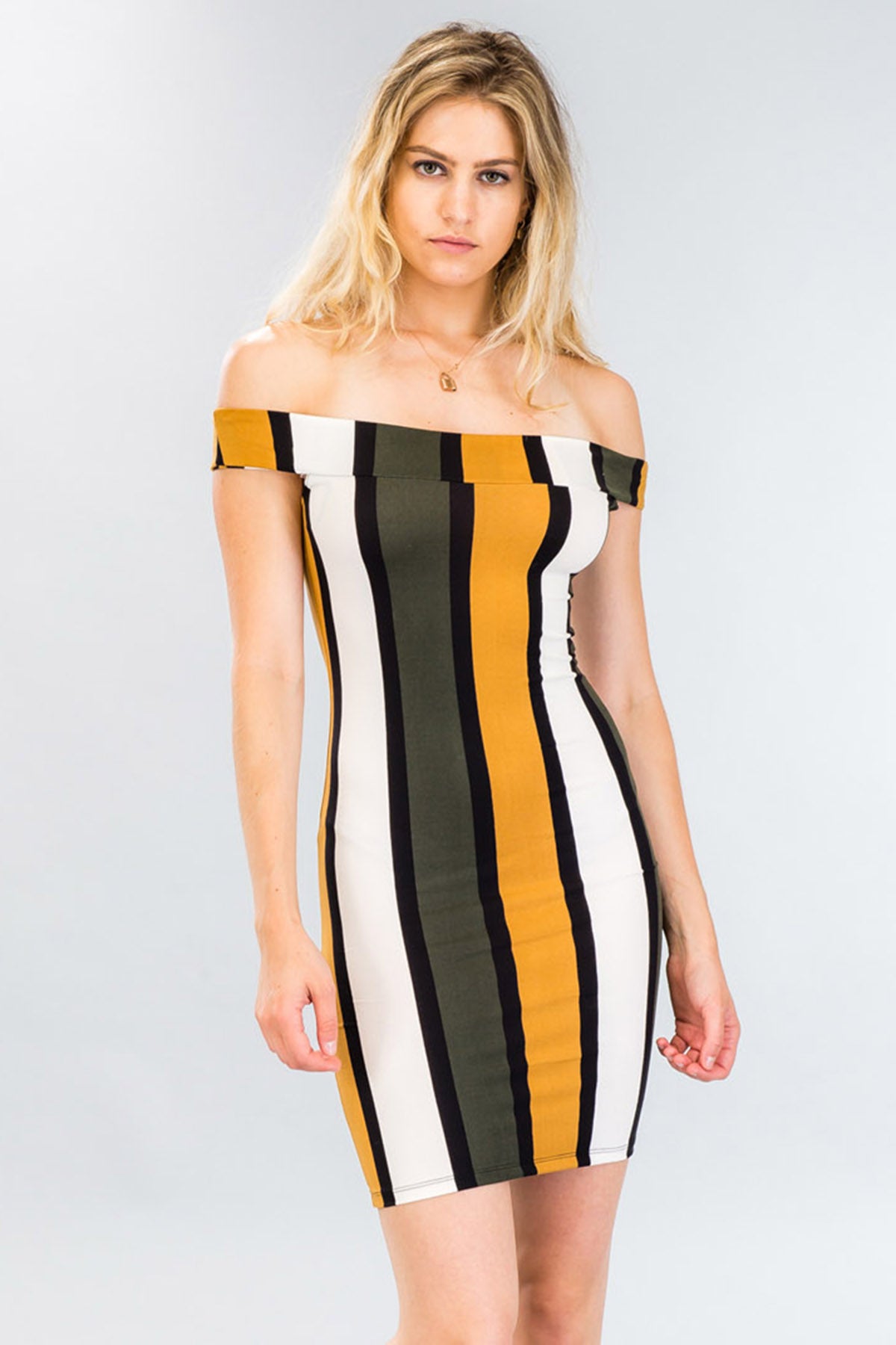 [$2/piece] Multicolor Striped Off Shoulder Bodycon Dress