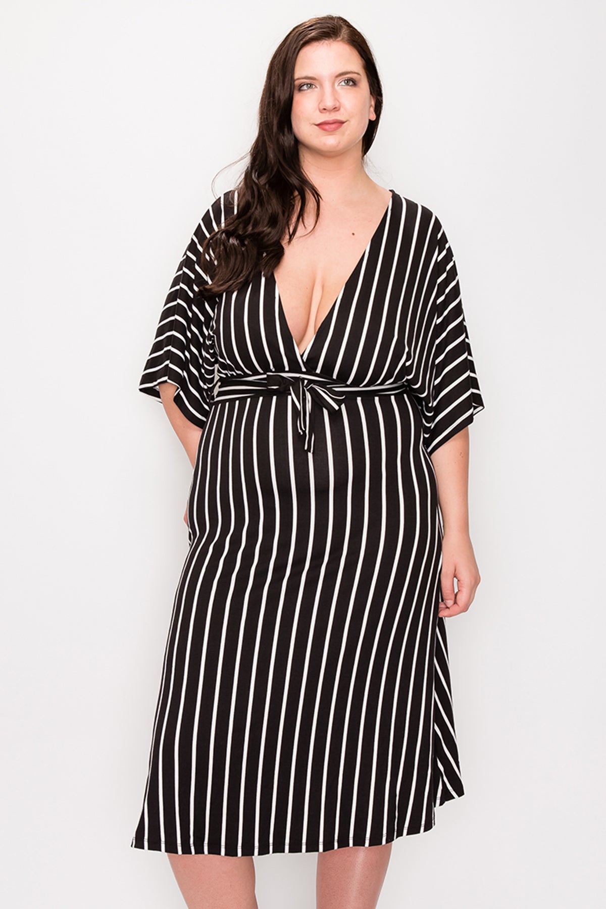 [$3/piece] Plus Size Striped Dolman Sleeve Belted Dress