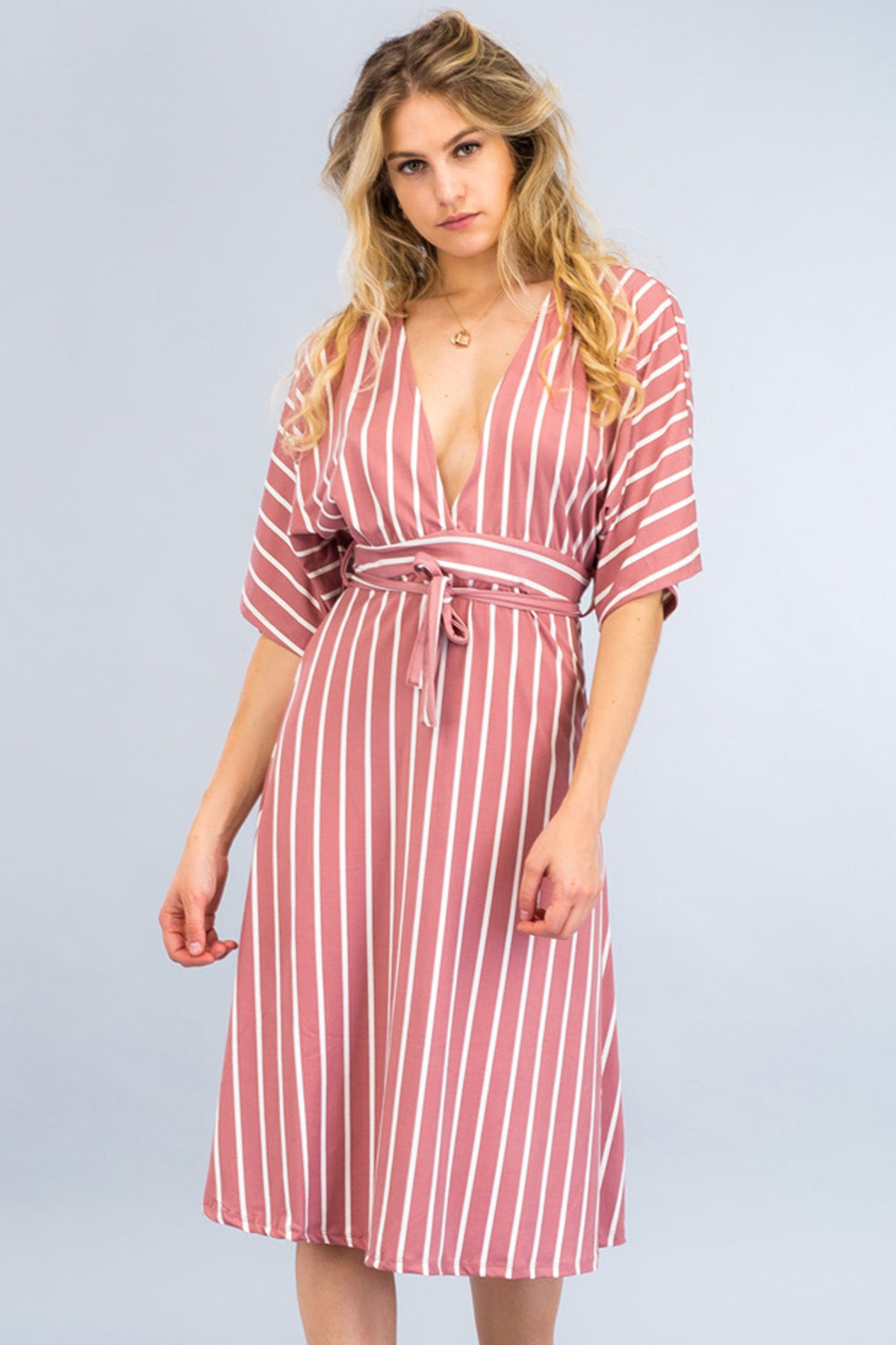 [$3/piece] Striped Dolman Sleeve Belted Dress