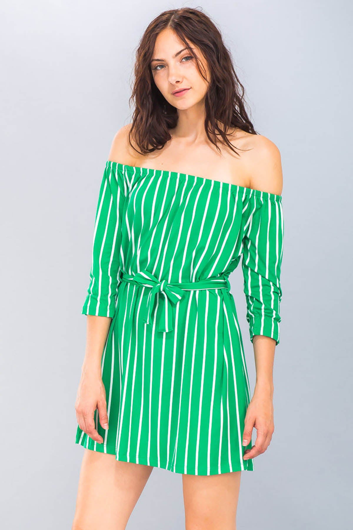 [$3/piece] Off Shoulder Stripe Dress with Belt