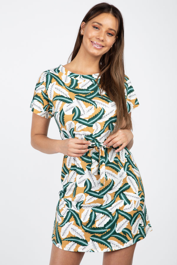 [$3/piece] Leaf Print Tie Waist Mini Dress