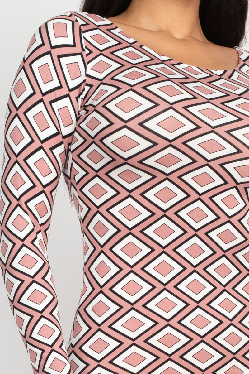 [$3/piece] Geometric Print Boat Neck Bodycon Midi Dress