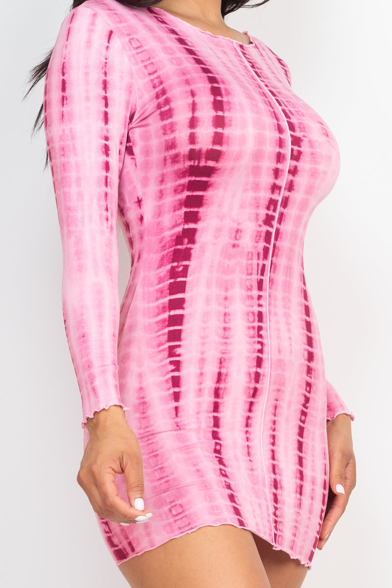 Tie-dye Printed Lettuce Trim Bodycon Mini Dress - Capella Apparel