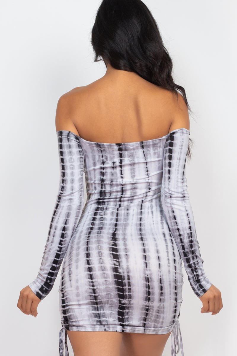 Tie-dye Print Off Shoulder Ruched Drawstring Bodycon Mini Dress - Capella Apparel