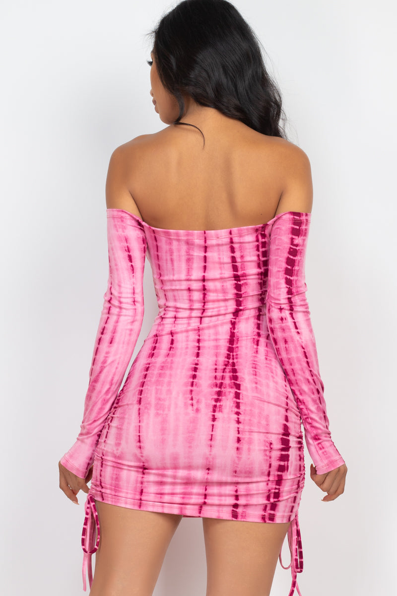Tie-dye Print Off Shoulder Ruched Drawstring Bodycon Mini Dress - Capella Apparel