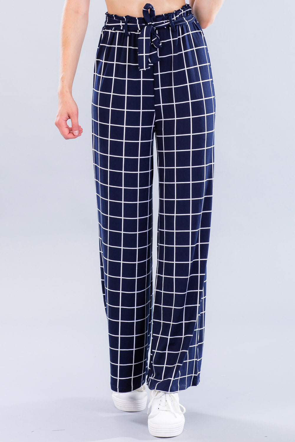 [$3/piece] Grid Print Tie Waist Wide-Leg Pants