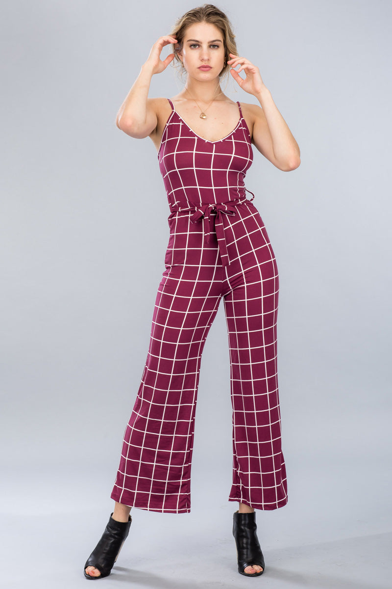 [$3/piece] Grid Printed Tie Waist Cami Jumpsuit