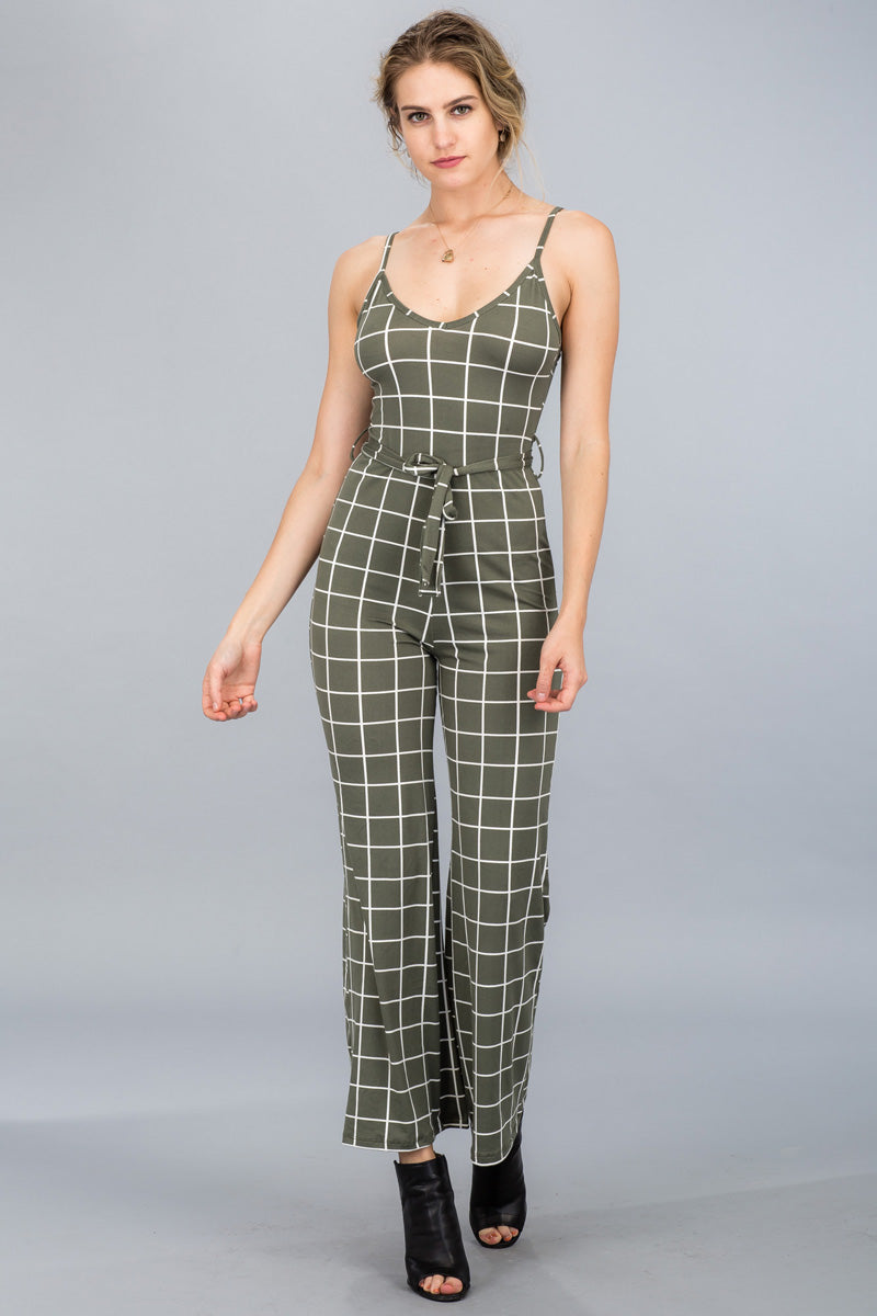 [$3/piece] Grid Printed Tie Waist Cami Jumpsuit