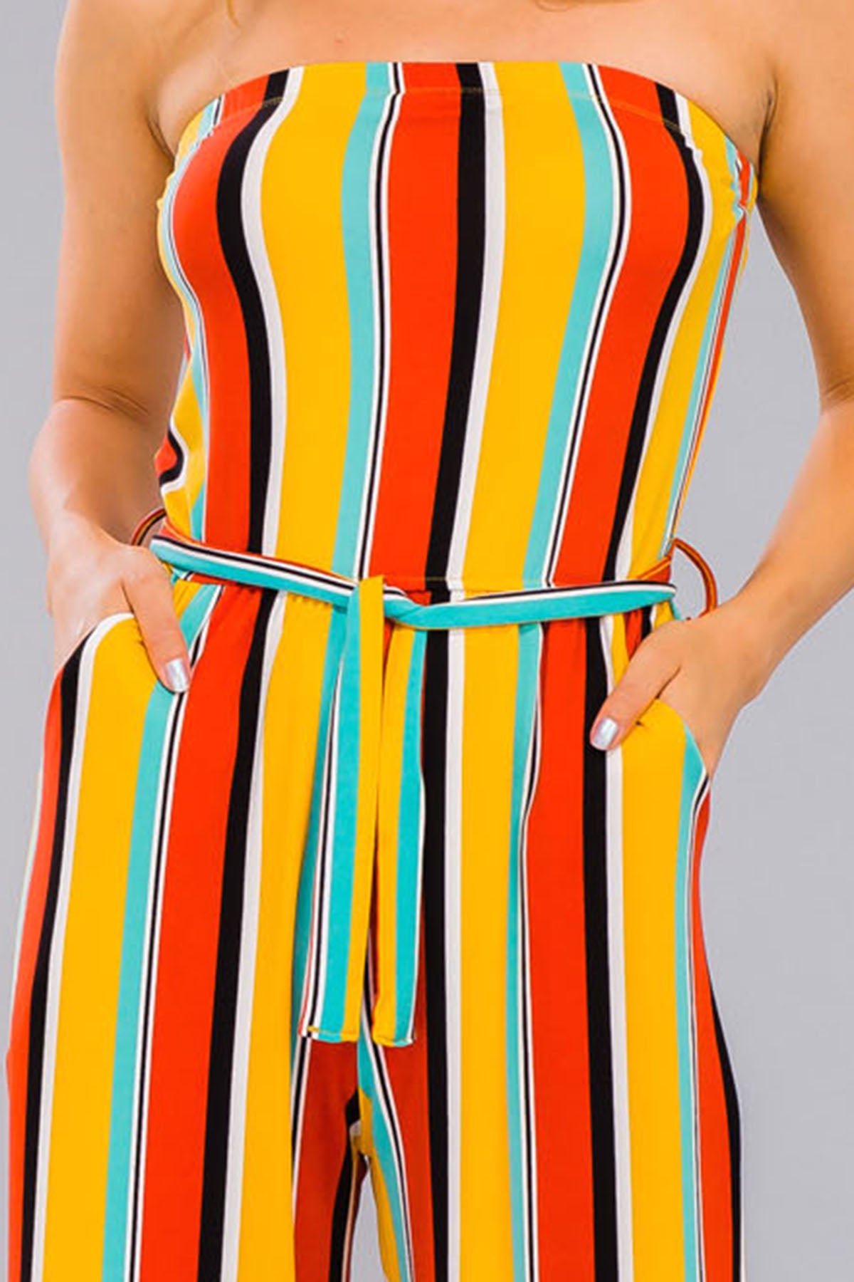 [$3/piece] Multicolor Stripe Belted Jumpsuit