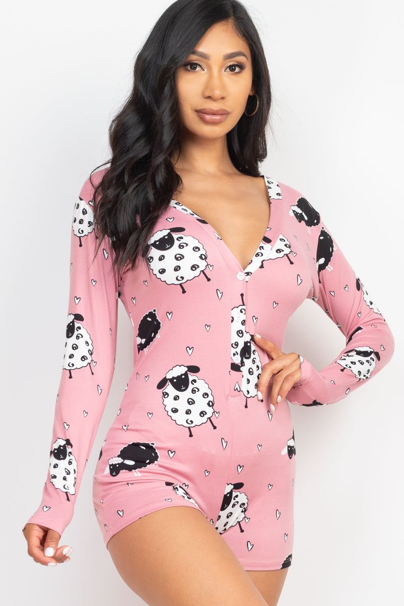 [$5/piece] Sheep Print V-Neck Button Front Long Sleeve Romper