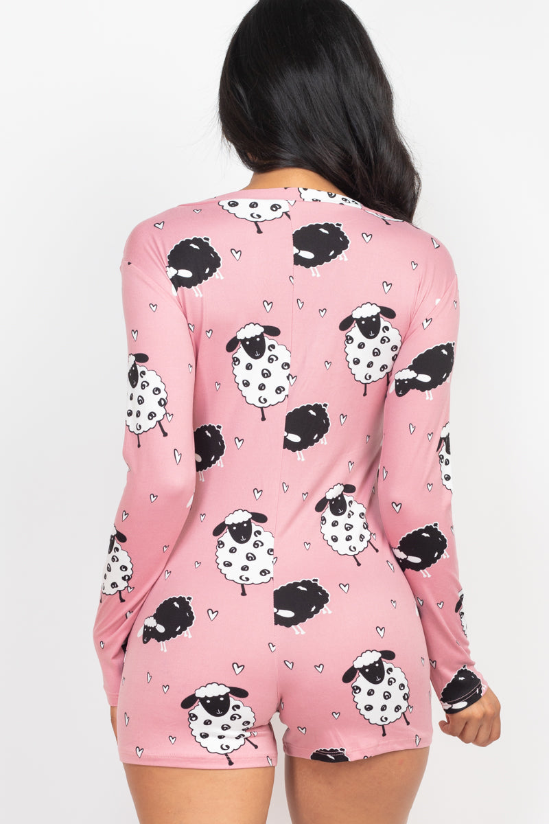 [$5/piece] Sheep Print V-Neck Button Front Long Sleeve Romper