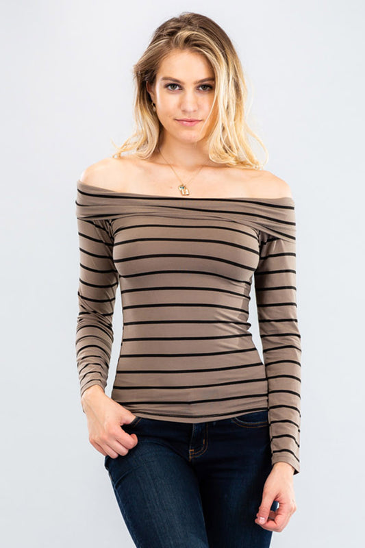 [$2/piece] Striped Off Shoulder Long Sleeve Top