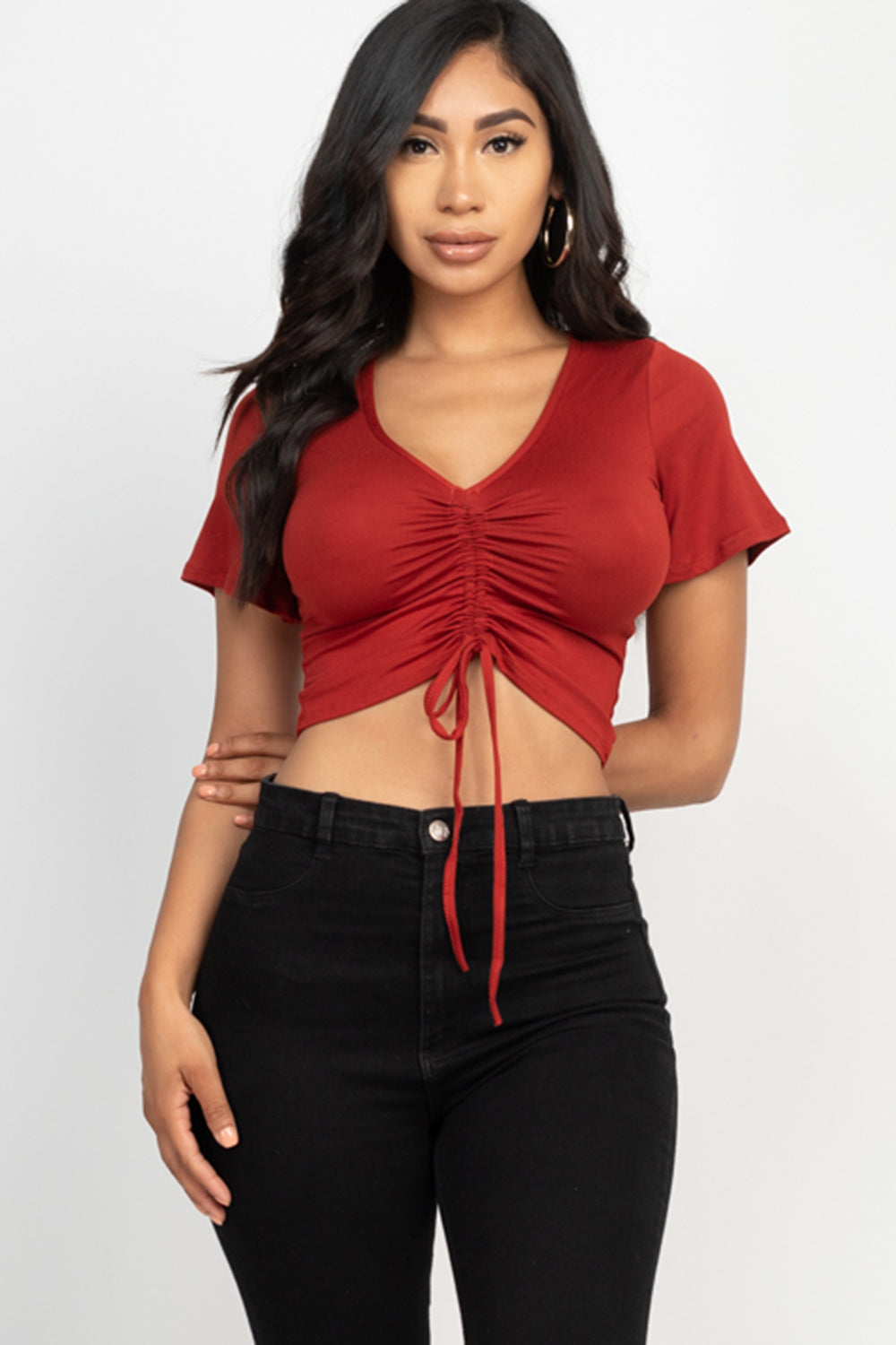 [$2/piece] Strap Ruched Front Short Sleeve Crop Top