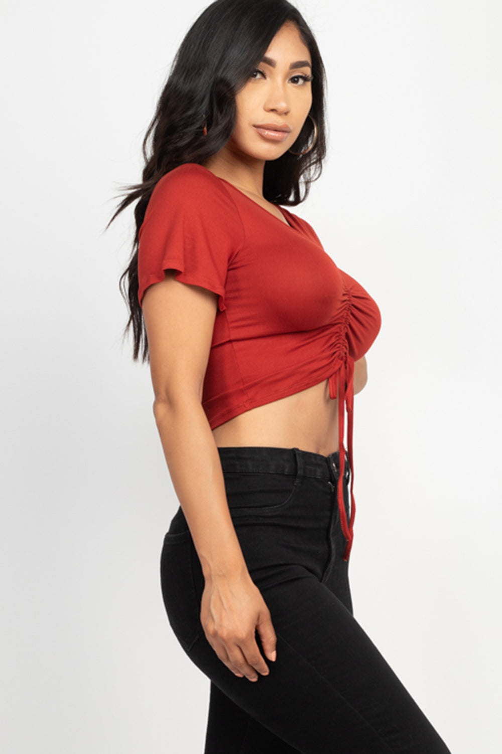 [$2/piece] Strap Ruched Front Short Sleeve Crop Top