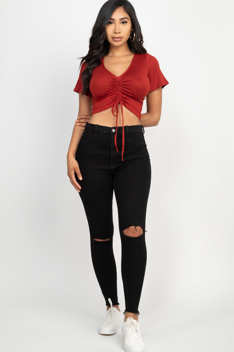 [$1/piece] Strap Ruched Front Short Sleeve Crop Top