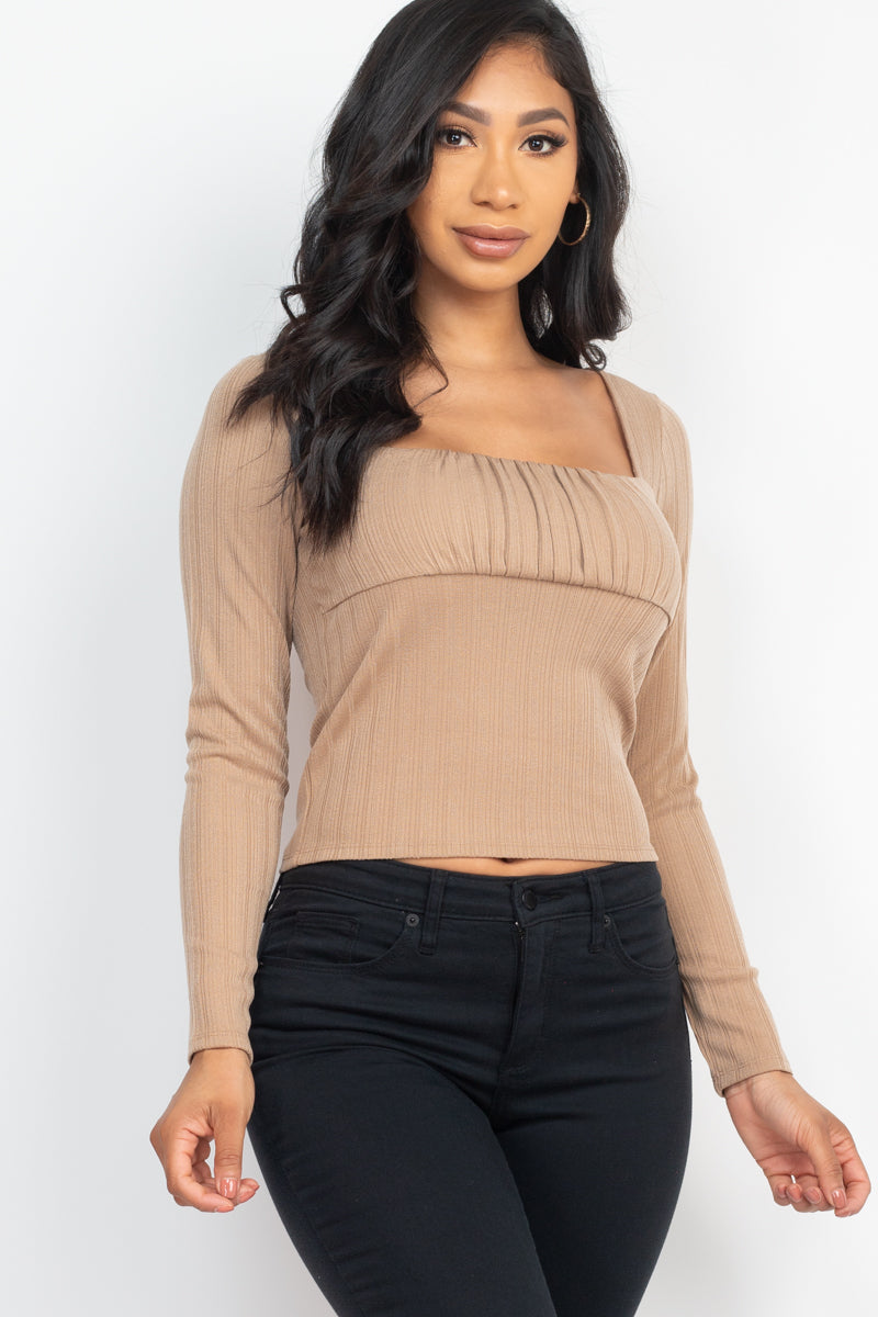 [$3/piece] Soft Rib Shirred Square Neck Long Sleeve Top