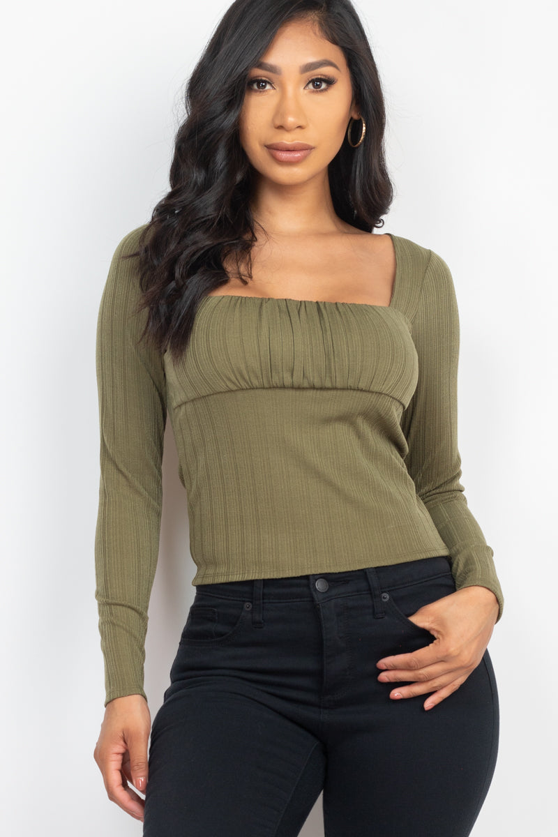 [$3/piece] Soft Rib Shirred Square Neck Long Sleeve Top
