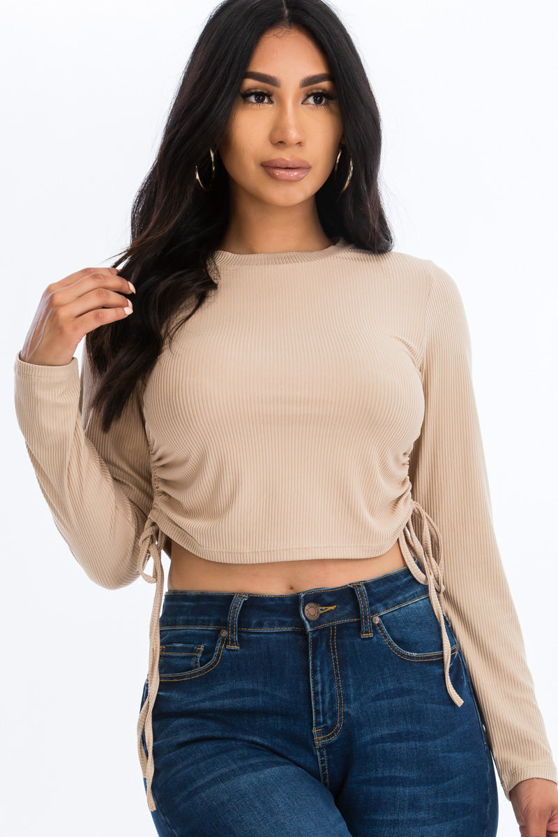 [$3/piece] Ruched Side Long Sleeve Ribbed Top