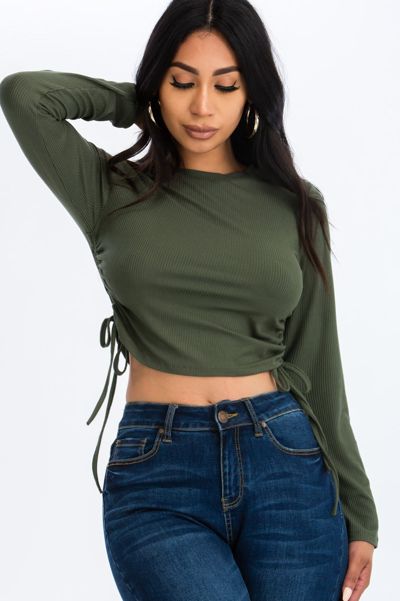 [$3/piece] Ruched Side Long Sleeve Ribbed Top