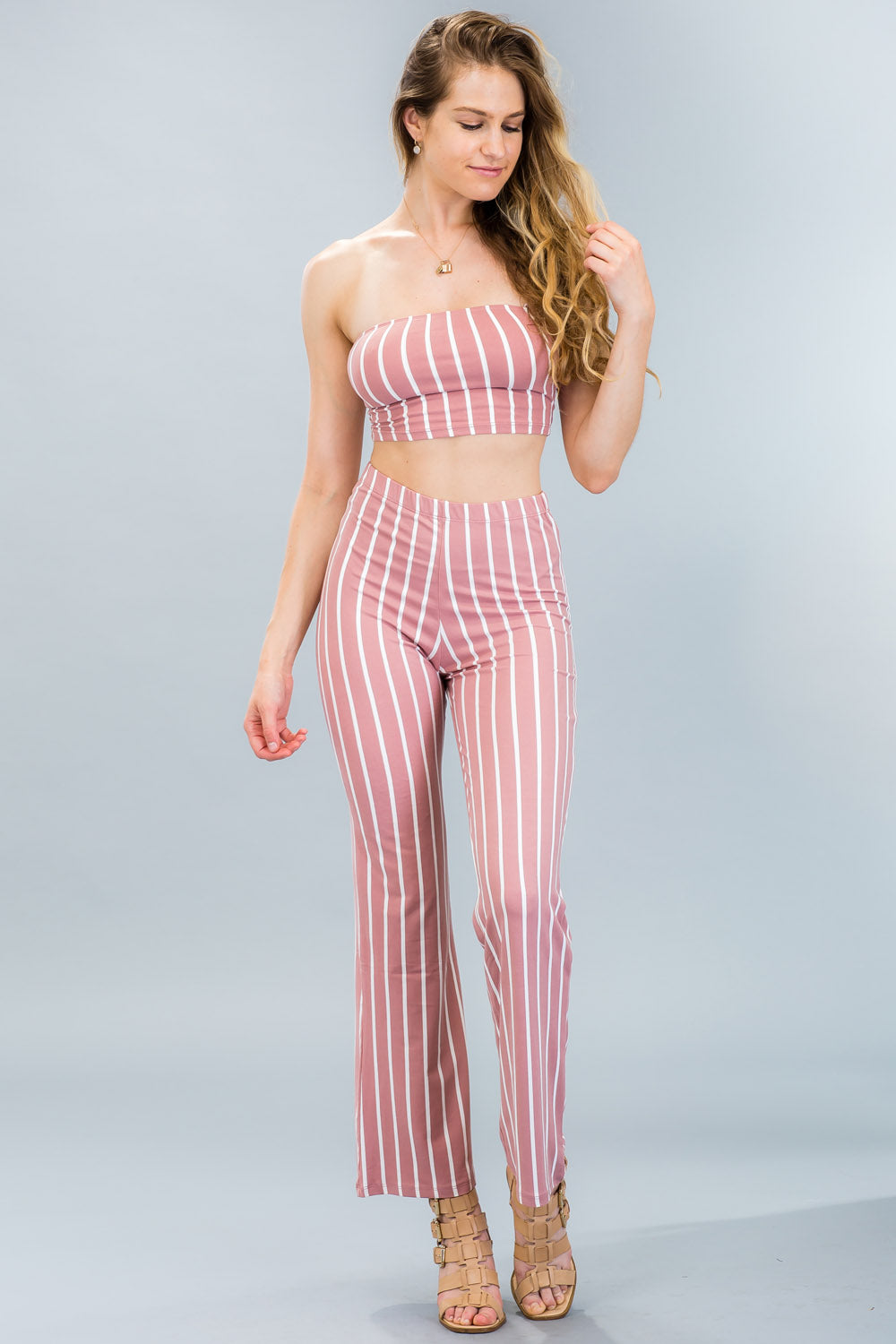 [$3/piece] Striped Crop Tube Top & Pants Set