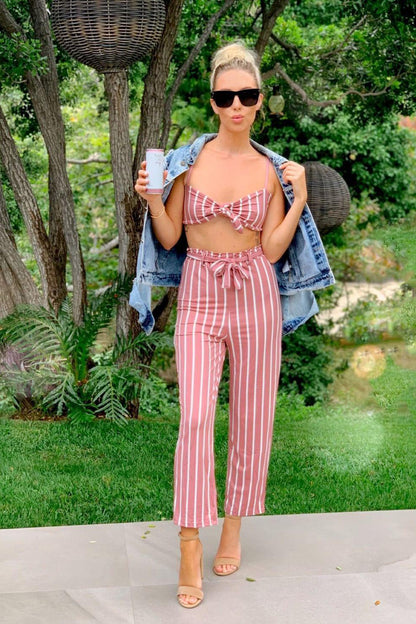 [$3/piece] Striped Front Tie Top and Pants Set