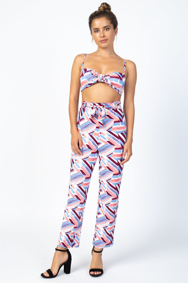 [$3/piece] Abstract Print Front Tie Top & Pants Set