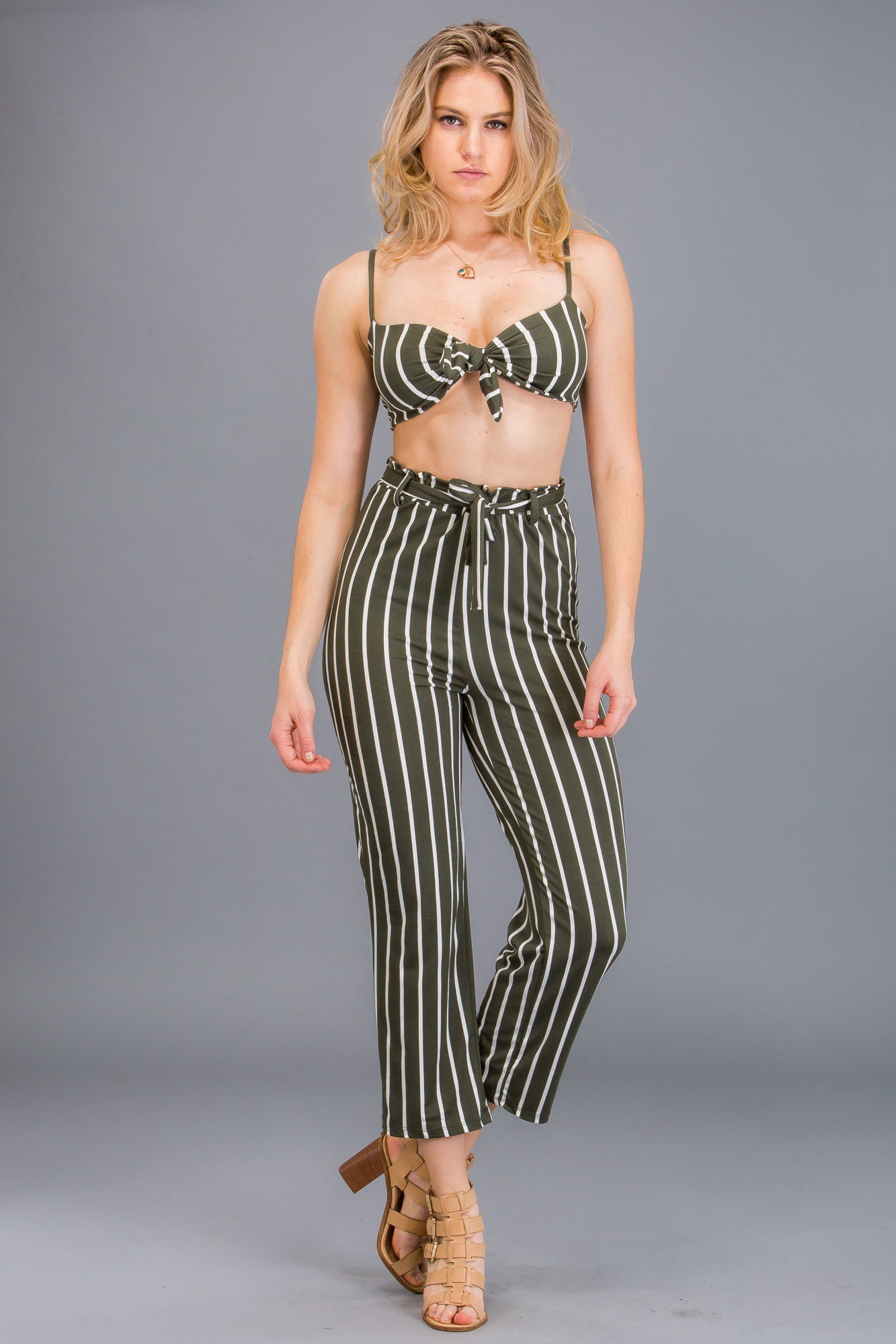 [$3/piece] Striped Front Tie Top and Pants Set